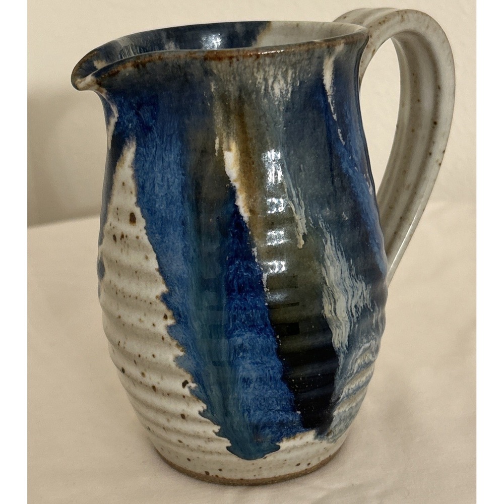 Vintage Studio Art Pottery 5" Creamer Pitcher Signed Hasser Blue Green Stoneware